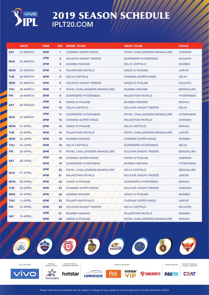 ipl 2020 schedule list